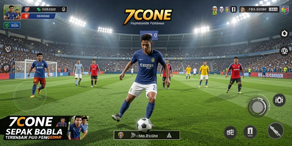 Screenshot utama 7CONE menampilkan aksi sepak bola yang mendebarkan.