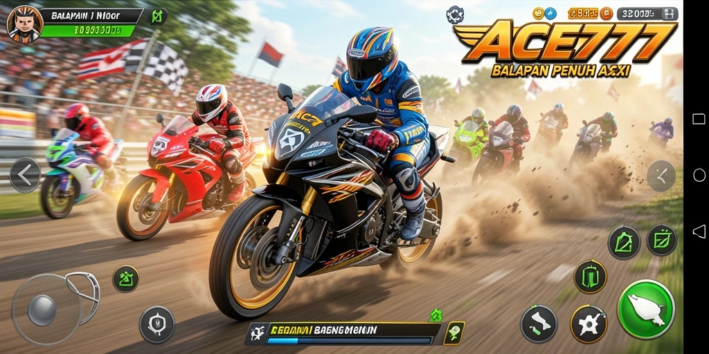 Screenshot gameplay ACE777 menampilkan balapan motor yang mendebarkan dan grafis yang menawan.