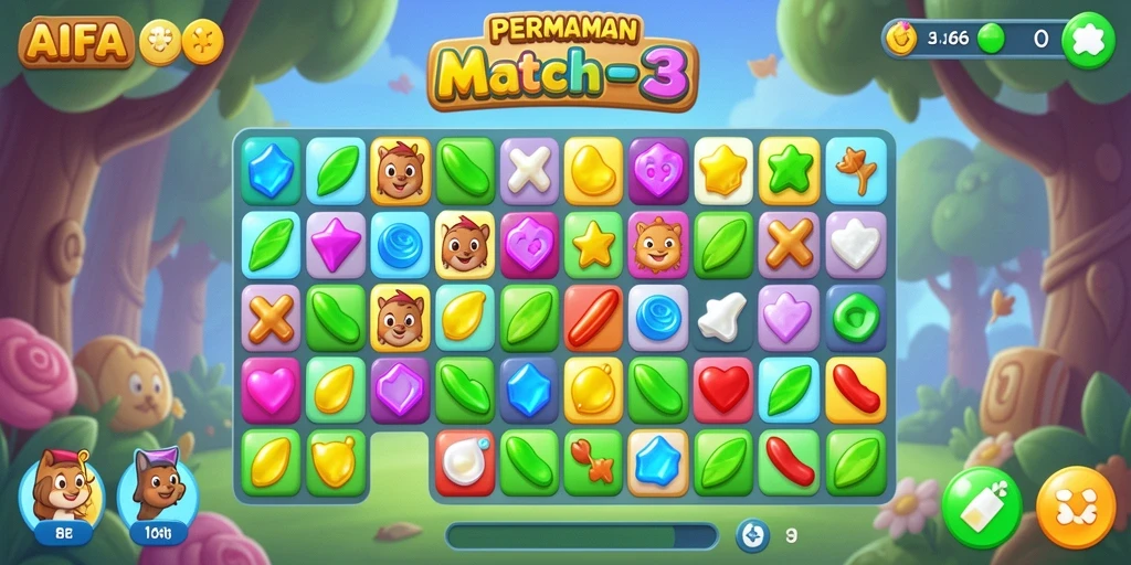 Screenshot gameplay AIFA66 menampilkan aksi mencocokkan objek berwarna-warni.