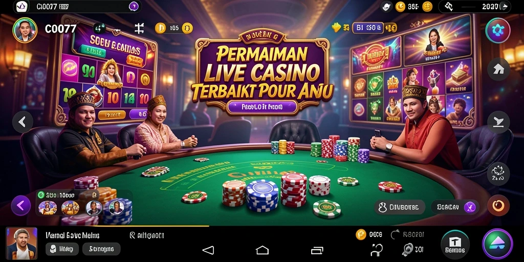 Tangkapan layar utama C0077 menampilkan dealer live di meja permainan.