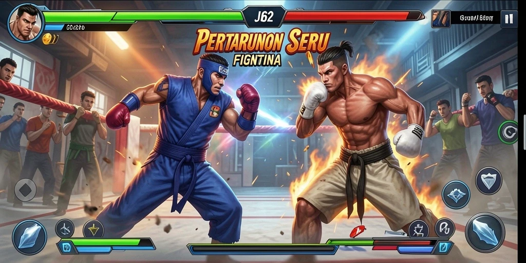 Gameplay JJ62 dengan aksi pertarungan yang intens dan karakter unik.