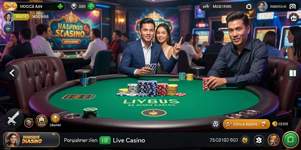 Screenshot gameplay MDG188 dengan dealer langsung dan suasana kasino yang nyata.