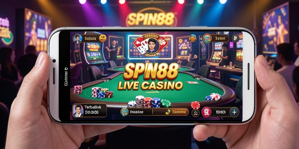 Menampilkan gameplay interaktif SPIN88 dengan dealer profesional di Live Casino.