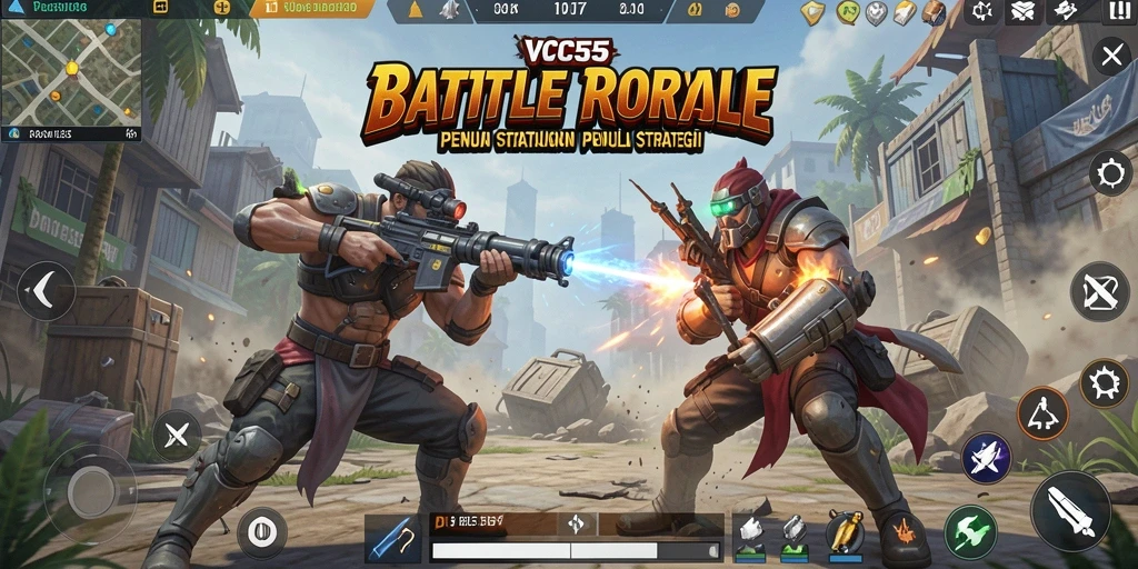 Tangkapan layar gameplay VC55 menunjukkan aksi seru dalam pertarungan Battle Royale.