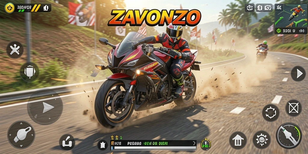 Gameplay ZAVONZO menampilkan balapan motor yang mendebarkan dan cepat.